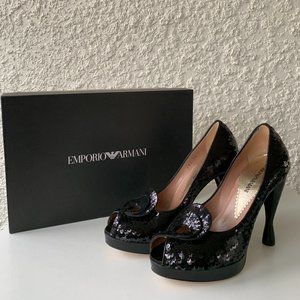 EMPORIO ARMANI Pumps - US 6 (EU Size 36) Black Peep-Toes Sculptural Heels